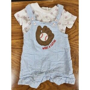 Baby Starters Boy 3M Baseball Seersucker Shortall Romper Shirt Outfit 2Pc Set